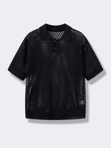 SHEIN 青少年男孩休闲纯色纹理 Polo 领短袖针织衬衫，百搭舒适，适合通勤、上学、日常生活、度假、运动、春夏季 - 黑色 - 查看 2