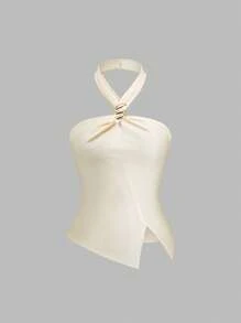 Sweetra Elegant Summer Metal Decor Asymmetric Hem Backless Halter Top - Apricot - View 1
