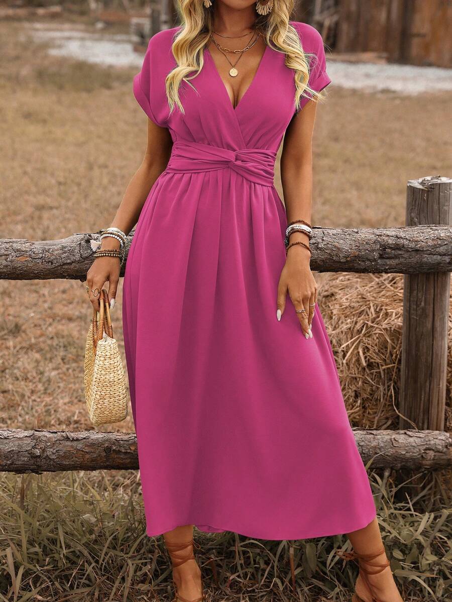 EMERY ROSE Women's Cross Shirred Waisted Twist Back Blouson Sleeve A-Line Midi Dress, Bohemian Vacation Casual Style, Spring/Summer - Hot Pink - View 1