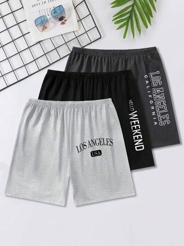 3pcs Men's Summer Letter Print Elastic Waist Sleepwear Shorts