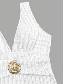 Swim Oasis 2 pezzi/set Costume da bagno da donna 2025 in tessuto texturizzato, monospalla senza maniche con schiena scoperta, con spacco e fiocco, costume da bagno per vacanze al mare
