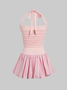 SHEIN EZwear 夏季休闲珊瑚粉色女式吊带短款泡泡裙 - 珊瑚粉 - 查看 2