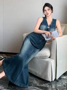 DAZY 性感修身街头风水洗做旧牛仔美人鱼裙背心开衫女款两件套 - 藍色 - 查看 10