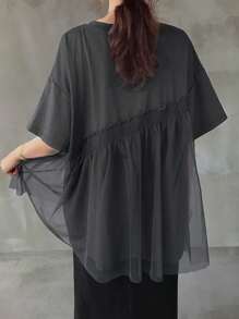 FRIFUL Women's Round Neck Mesh Patchwork Loose Short Sleeve T-Shirt Summer - Grey - View 5