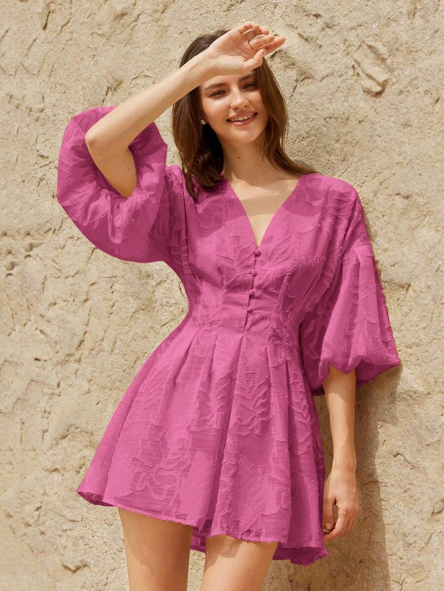 BELROSIE Elegant Vintage Floral Embroidered V-Neck Puff Sleeve Cinched Waist Front Button Down Flared Hem A-Line Dress For Women - Pink - View 1
