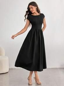 Modelyn Damska sukienka z okrągłym dekoltem i rękawami typu raglan, elegancka, czarna, z paskiem