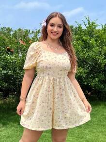 SHEIN EZwear Plus Size Boho Floral Print Woven Fabric Jumpsuit With Square Neckline And Half Sleeves For A Chic Summer Look