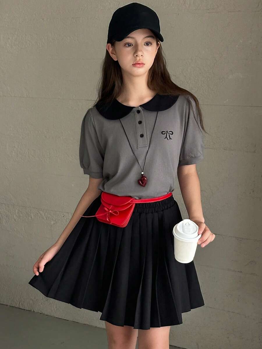 DAZY 2pcs/Set Teenage Girls Peter Pan Collar Embroidered Short Sleeve T-Shirt + Pleated Mini Skirt Summer Outfit,Back To School Clothes - Grey - View 1