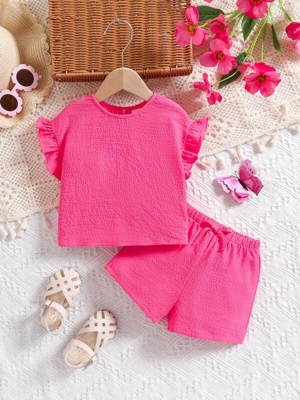 SHEIN 2 pièces Tenue d'été pour bébé fille : Top ample rose à manches courtes à volants et ensemble short à taille élastique