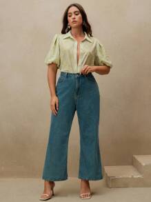 Anewsta 大码女式撞色花卉刺绣优雅浪漫泡泡袖衬衫上衣 - 綠色 - 查看 7