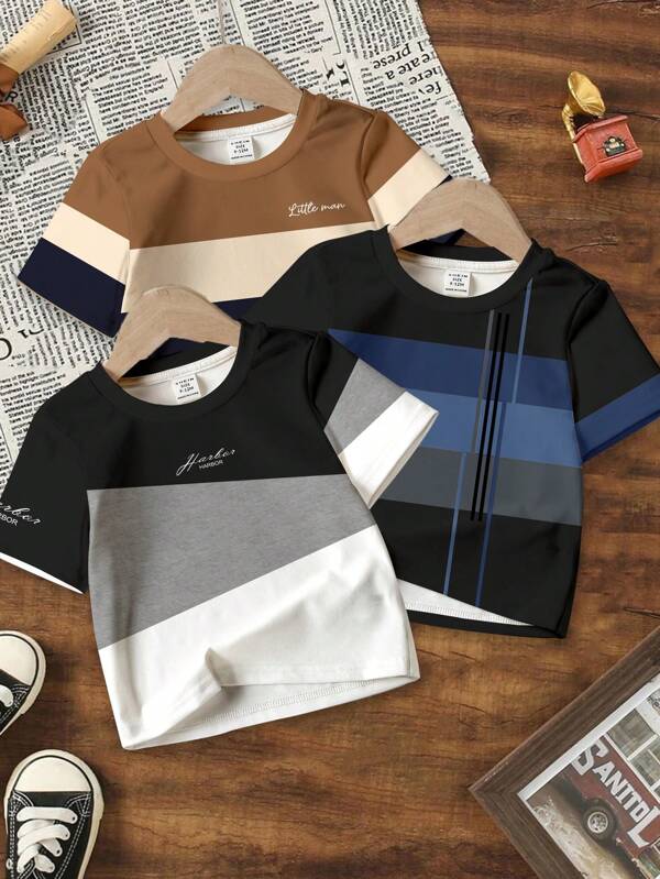 SHEIN قميص تي شيرت قصير الأكمام كاجوال ومريح للأولاد مناسب للربيع/الصيف