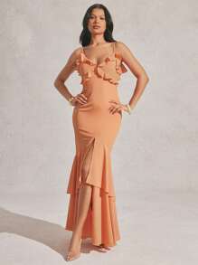 Hauture Women's Solid Color Ruffle Layered Front Slid Adjustable Shoulder Strap Summer Dress For Vacation, Summer, Beach Style - Orange - View 2