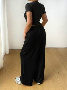 Flirla Set de 2 piezas: Top de punto de cuello redondo informal y pantalones anchos de cintura alta para mujer, conjunto de verano