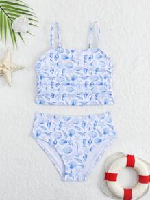 Young Girl Marine Life Print Adjustable Straps Tankini Swimsuit Set - White - View 1