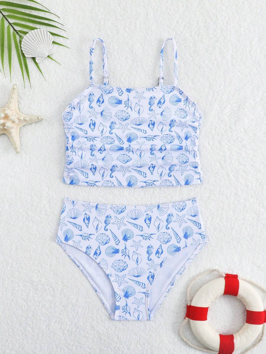 Young Girl Marine Life Print Adjustable Straps Tankini Swimsuit Set - White - View 1
