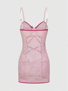 ROMWE Kawaii 性感荷叶边下摆交叉镂空内衣裙套装（带手套）（女款） - 粉色 - 查看 9