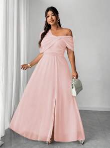 Elenzga 大码女式优雅浪漫婚礼宾客礼服，雪纺不对称开衩派对礼服 - 淺粉色 - 查看 5