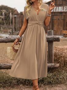 EMERY ROSE Damen Boho-Stil kurzes Midikleid mit Kreuzgurtung, geraffter Taille, Twist-Rückendetail und elastischem Bund, lässige Resort-Kleidung für Frühling/Sommer - Khaki - Übersicht 8