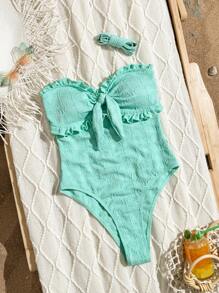 SHEIN Swim 女士纯色高衩荷叶边蝴蝶结连体泳衣，沙滩装 - 薄荷綠 - 查看 3