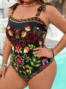 SHEIN CURVE+ Plus Size Women's Tropical Print Bowknot Strap One-Piece Swimsuit, Casual Resort Wear Beach Outfits For Woman/Beach Swimsuit/Beach Vacation Outfits/Beach Essentials / Graduation/Tea Party Swimsuit Summer/Country/Beach Vacation Outfits/Beach Outfits/Beach Wear - Multicolor - View 6