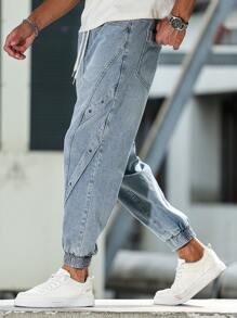 Manfinity LEGND Pantalones vaqueros informales para hombre con cintura ajustable con cordón y pierna entallada