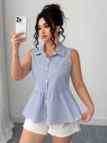 Elenzga 大码夏季时尚休闲法式复古优雅蝴蝶结衬衫 - 藍色 - 查看 6