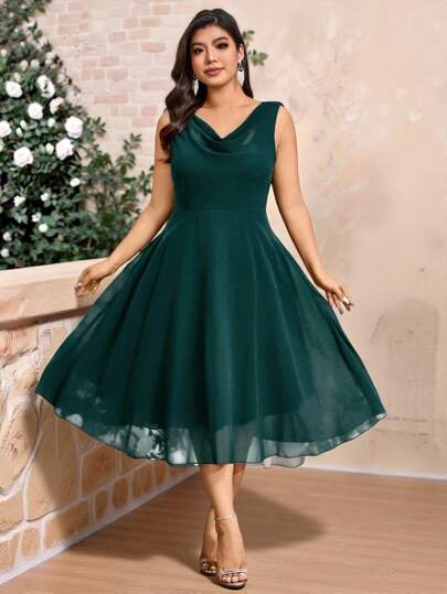 SHEIN Belle 大码雪纺围脖领无袖休闲中长连衣裙，婚礼