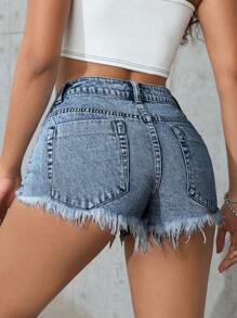 SHEIN PETITE 夏季休闲破洞牛仔短裤 - 淺色水洗藍 - 查看 2