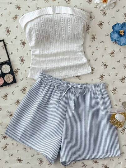 SHEIN 2pcs/Set Teen Girls White Knit Texture Ruched Waist Seamless Cropped Tank Top And Blue&White Striped Drawstring Waist Shorts Set, Casual Summer Lounge Outfit