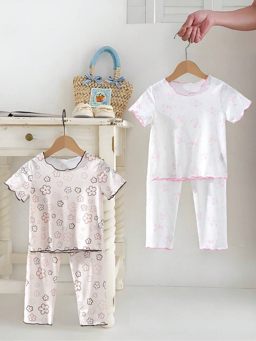 Baby Girls' Sweet Floral All-Over Print Multi-Piece Outfit, Comfortable Snug-Fit Knitted Fabric Short Sleeve T-Shirt + Long Pants, Ditsy Floral Cuffs, Collar, Hem With Contrast Color Trim, Exquisite & Fun - Multicolor - View 1