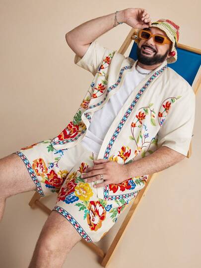 EASEVO Plus Size Men's Casual Floral Print Shirt And Shorts Set, Suitable For Summer