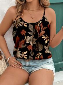 EMERY ROSE Casual Minimalist Elegant Leaf Print Plus Size Cami & Tank Top Suitable For Summer Women Summer Clothing  Woman S Summer Clothes Vcay,Vintage