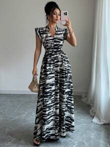 Chiquease Women's V-Neck Ruffle Sleeve Waist Cinched Dress - Black - View 1