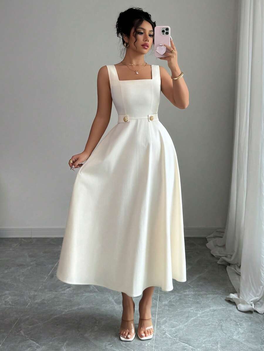 Elenzga 女式杏色优雅高腰喇叭中长连衣裙 - 杏色 - 查看 1