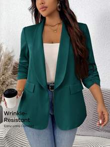 SHEIN LUNE Plus Size Simple Solid Color Shawl Neck Ruched Sleeve Suit Jacket, Suitable For Work In Fall/Winter - Dark Green - View 2