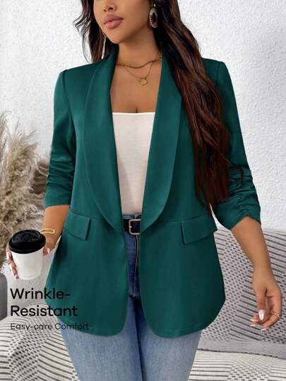 SHEIN LUNE Plus Size Simple Solid Color Shawl Neck Ruched Sleeve Suit Jacket, Suitable For Work In Fall/Winter