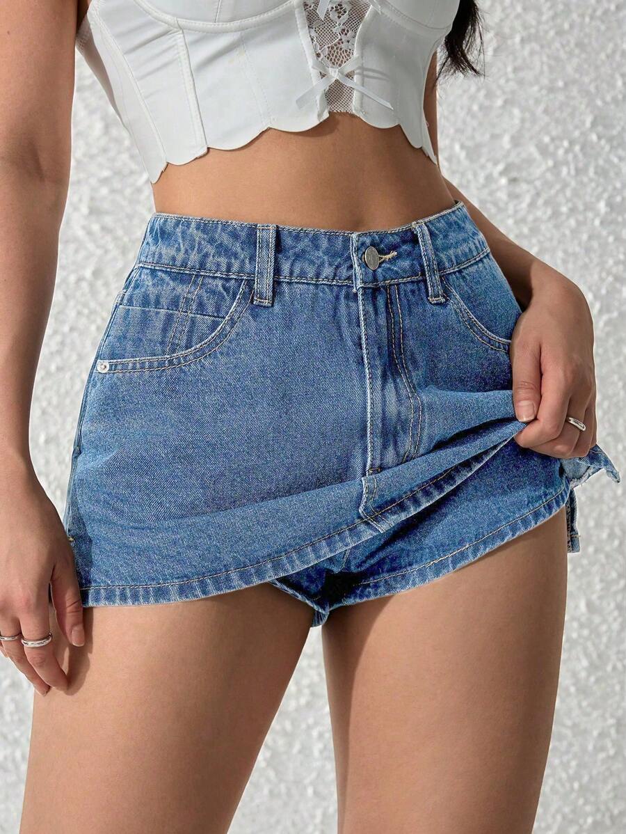 SHEIN PETITE 女士休闲水洗牛仔短裤 - 淺色水洗藍 - 查看 1