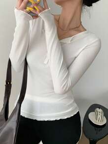 DAZY Maglietta a maniche lunghe trasparente basic con collo tondo e vestibilità slim, da donna