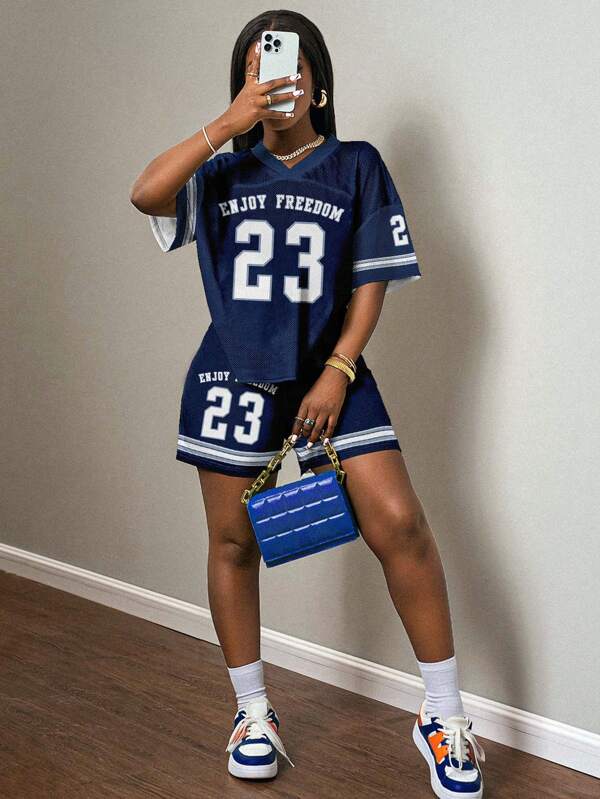Slaydiva Ensemble sport décontracté minimaliste en jersey, Printemps/Été 2025, Uniforme de sport avec impression #23, Femme, 2 pièces