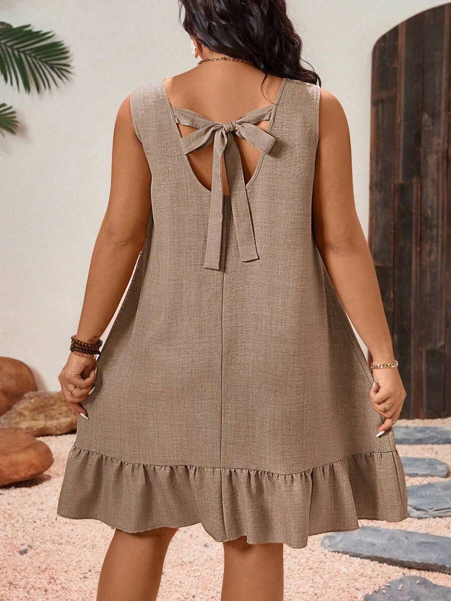 SHEIN CURVE+ Vestido informal casual de mujer de talla grande con cuello redondo sin mangas, lazo en la espalda y bajo acampanado, elegante para el verano