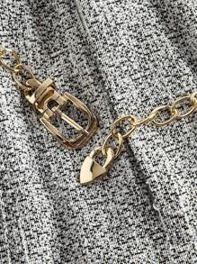 SHEIN MOD 加大码金属链带装饰优雅花卉粗花呢面料直筒休闲裤工作服女装阔腿裤女式阔腿裤阔腿裤粗花呢裤，优雅，女士工作服 - 黑與白 - 查看 3