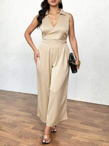 SHEIN Clasi Mono elegante de pierna ancha sin mangas de unicolor para mujer talla grande - Albaricoque - Ver 1