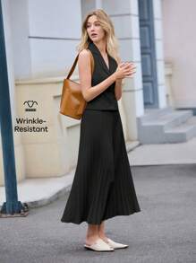 BizChic 2025 Summer Women's Apricot Solid Color Sleeveless Lapel Vest & Skirt Set, Romantic Elegant Everyday Fashion Business Casual Commuter Chic Vintage Style Women's Casual Suit, Women's Office Wear In Fall/Winter - Black - View 11