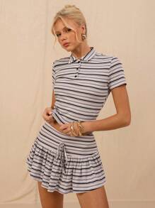 SHEIN Forever 21 Women Striped Polo Collar Short Sleeve Cropped Casual T-Shirt