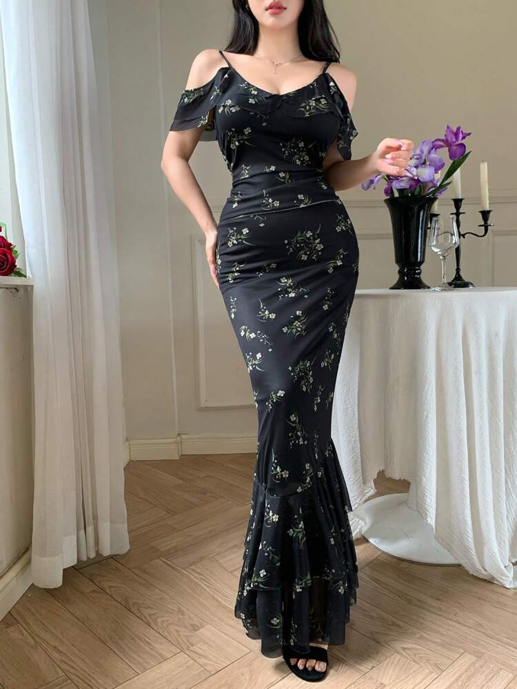Spring New Black Floral Strap Top & High Waist Ditsy Floral Layered Mesh Midi Skirt Set, Elegant And Fashionable,Women Two Piece Sets
