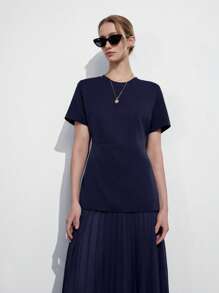 Lumivelle Women's Round Neck Short Sleeve A-Line Patchwork Pleated Chiffon Elegant Dress