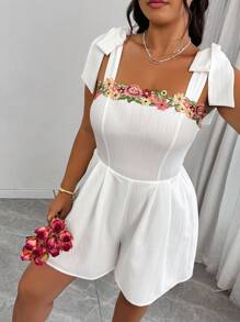 Elenzga Plus Size Women Vacations Style Embroidered Ribbon Tie Shoulder Romper - White - View 4