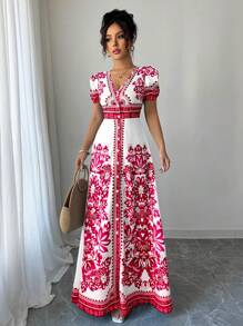 Elenzga Nuevo vestido de tela estampado con cuello en V, manga abultada y cierre en la cintura para mujeres, elegante y estilizador, adecuado para el estilo de Oriente Medio
