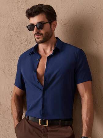 Camisa azul de botones delanteros sólida para hombre sin camiseta