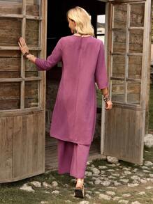 LanaWest 2pcs Women Solid Color Round Neck 3/4 Sleeve Shirt And Elastic Waist Long Pants Suit - Purple - View 2
